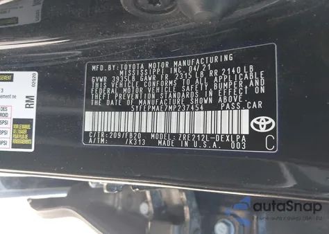 2021 Toyota Corolla Le из США, поврежденный, VIN 5YFEPMAE7MP237454